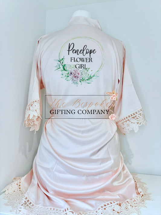 Personalised Blush Satin Lace Robes for Children